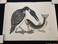 Full view of the print showing the loon and fish in black and white with muted colors, signed by artist.