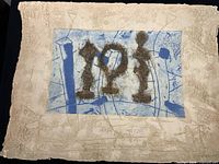 Full view of the vintage limited edition carborundum etching by Pierre-Marie Brisson with abstract figures in blue and brown on textured paper.