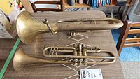 Both alto horn and trumpet side by side on table