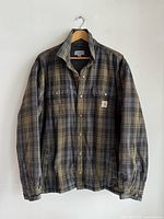 Full front view of the Carhartt insulated heavy overshirt in plaid.