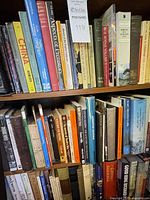 Books arranged on a bookshelf, showing a variety of titles and colors, including hardcover and paperback formats.