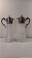 Front view of two decanters side-by-side showing glass bodies and silver-plated lids with black handles.