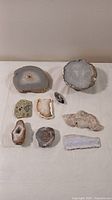 Top-down view showing nine assorted geodes and various rock slices arranged on white surface.