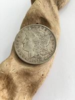 Obverse view of 1887 Morgan silver dollar on wooden background showing Lady Liberty and date with wear and tarnish.