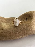 Front view of yellow gold ring with oval shell cameo carved in profile.