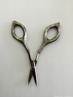 Full view of antique vanity scissors showing ornate sterling silver Art Nouveau handles and pointed stainless steel blades.