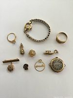 Photo showing the entire collection which includes two rings, ladies stretchy band wristwatch, various charms, pins and small detailed items laid out on white background.