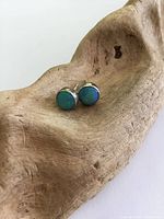 Pair of turquoise blue opal stud earrings displayed on a wooden carved dish, showing front view with bright colors.