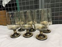 Front and side view of all six smoked glass pedestal glasses arranged in a group on a white cloth surface, showing their size and shape.