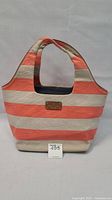 Front view of the striped canvas bag showing coral and beige horizontal stripes, front gold-tone brand plaque, and dual padded handles.
