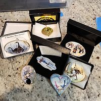 Full collection view showing six designer pins in cushioned boxes on a countertop.