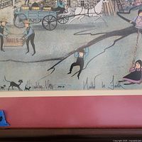 Close-up of lower section of the print showing artist signature 'Lindsey Moss', copyright mark, and title 'United in Faith'. Part of the illustration featuring people and a horse-drawn cart visible.