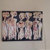 Frontal view of the original art print showing five stylized alien figures with textured layered paint effects on a black background.