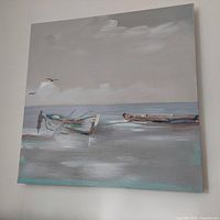 Photo of a square acrylic painting depicting a boat on calm water with a person and two birds in the sky, neutral muted color palette.
