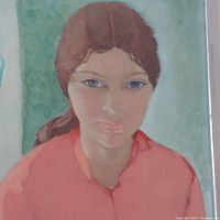 Close-up view of the girl's face in the painting showing details and paint texture.