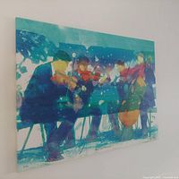 Front view of abstract jazz musicians art print showing violinists and double bass player in blues and greens.