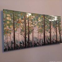 Full view of the textured tree print on canvas mounted on wall, showing size and overall appearance.