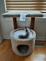 Full view of small carpeted kitty condo showing cave, platform, and feather toy