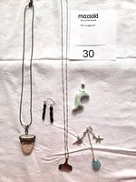 Lot contents including all jewelry pieces arranged on white background: coral pendant necklace, sterling silver whale fluke necklace, dolphin stone pendant, black coral drop earrings, and silver charm with starfish and shell