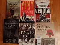 Photo of six WWI history books arranged in two rows of three, showing their front covers clearly.