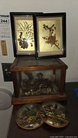 Overall lot showing two framed dried flower artworks leaning against the wall above an oak and glass display case with bird figurines visible inside, and two round souvenir plaques placed in front on the surface.