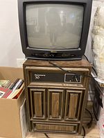 Front view of Memorex 13-inch CRT TV sitting atop the Kenmore 30 dehumidifier in wood-grain style cabinet.
