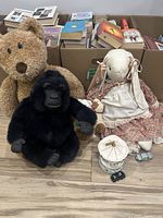 Wide view of stuffed animals, doll, boxes of books in background