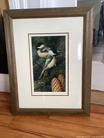 Framed artwork of two birds on pine branches with pine cones, matted and under glass, showing full piece.