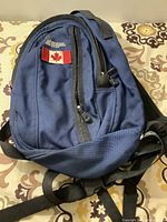 Front view of blue hiking backpack with logo and flag patch visible on zippered compartment.
