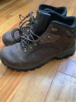 Side view of Timberland hiking boots showing brown leather, laces, metal hardware, and black padded collars.