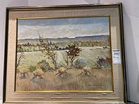 Full view of the acrylic landscape painting in its frame, showing the overall image and frame condition.