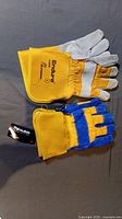 Photo shows the two pairs of gloves side by side on a flat surface. The white/gold pair labeled Endura 66GR Superior size Large and the blue/gold pair with tag reading Thinsulate size X-Large.