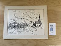 Front view of the signed ink on paper landscape drawing showing buildings, mounted on matting with minor wear