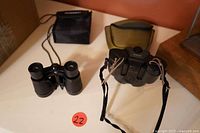 Overview photo showing both binoculars and their cases on a surface under warm lighting.
