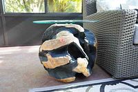Side view of rustic carved wood root ball end table with clear round glass top, showing natural wood and blackened root textures.