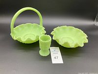 Full view of set against black background showing basket with handle, toothpick holder, and shallow candy dish in lime sherbet satin glass with ruffled edges and paneled daisy patterns.