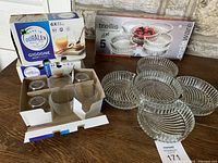 Duralex Gigogne drinking glasses in original boxes with Trellis 5-piece divided glass dish set