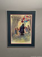 Framed print showing entire artwork of the man with balloons surrounded by children.