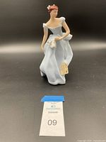Front view of Royal Doulton figurine lady in light blue gown holding handkerchief.