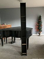 Tall narrow black wooden storage/display case with six open horizontal shelves, photographed indoors with a piano and Christmas tree in the background.