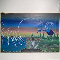 Front view of the First Nations style oil painting showing the central figure, bird, and landscape elements including pine trees and water with gradient sky.