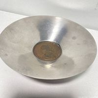 Full view of a shallow stainless steel bowl with a bronze coin embedded in the center