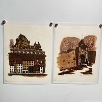 Two lithographs pinned side by side on a wall showing Old Quebec City scenes