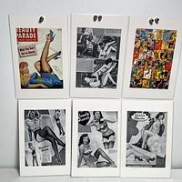 Six pin-up prints displayed on a white surface, showing full view of artwork and mounting boards