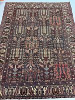 Full view of rug laid flat showing overall panel design and borders