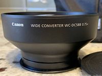 Close-up photo of Canon Wide Converter WC-DC58B 0.75x lens converter showing branding and model details.