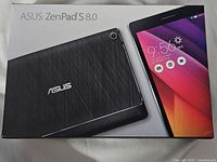 Box of the Asus ZenPad S 8.0 tablet showing front and back images of the tablet.