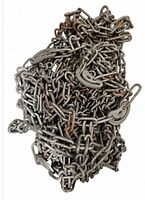 Close-up photo of one piled heavy duty chain with attached hook.
