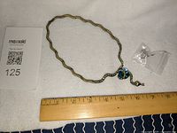 Full view of snake necklace with ruler for scale and ear band in small plastic bag.