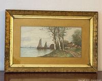 Framed antique watercolour painting showing full artwork and frame with matte, visible wear on frame corners.